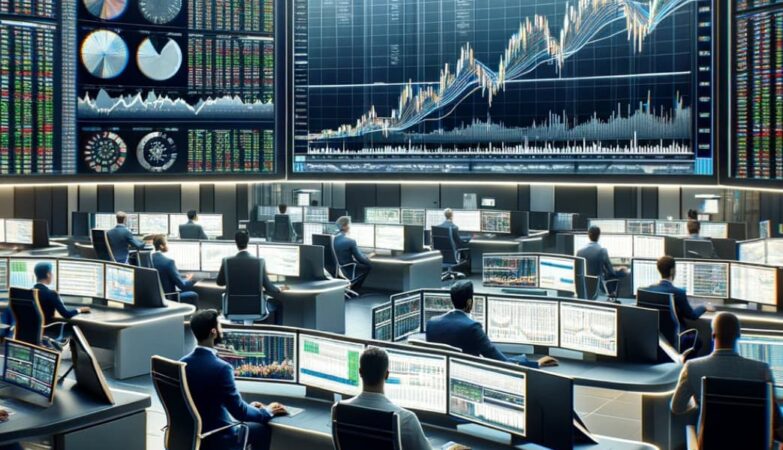 Bustling futures trading room, looking at computer screens with one big screen in front of them