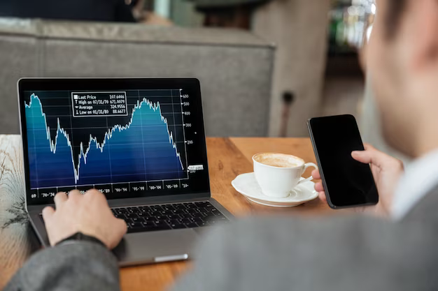 A man trades on the stock exchange while sitting at a laptop, rear view