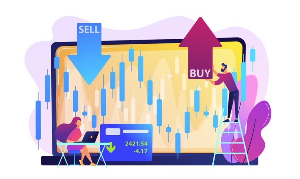 An illustration of a person analyzing giant candlestick charts on a screen