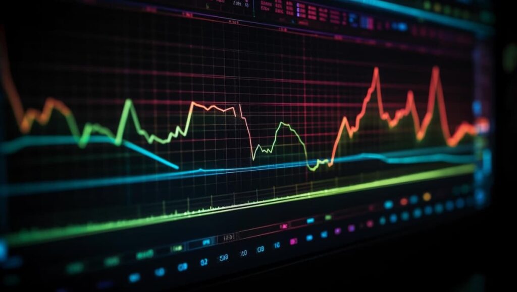 A hand interacts with market trends on a digital trading interface