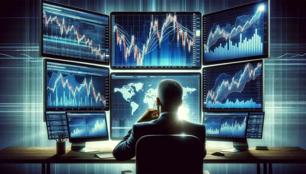 An investor analyzing E-mini S&P futures on multiple computer screens