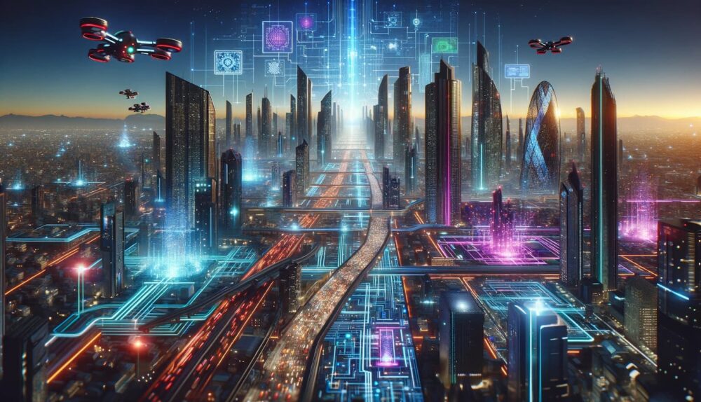 The concept of "Algorithmic Futures" in a futuristic cityscape