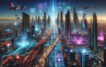 The concept of "Algorithmic Futures" in a futuristic cityscape