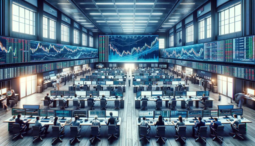 a modern trading floor, with traders and analysts focused on their computer screens